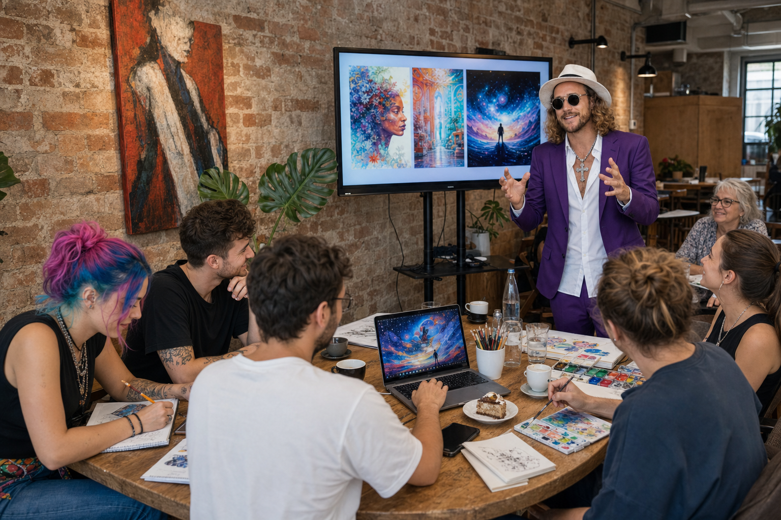 AI X Art Workshop im Café Experiment – Phil Splash erklärt, junge kreative Gruppe arbeitet mit KI, Laptop und Smartphone
